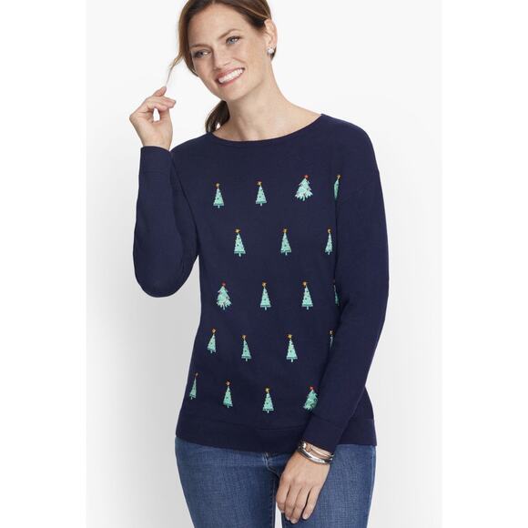 Talbots Sweaters - Talbots Womens Christmas Tree Sweater Navy Blue XL ugly holiday embroidered